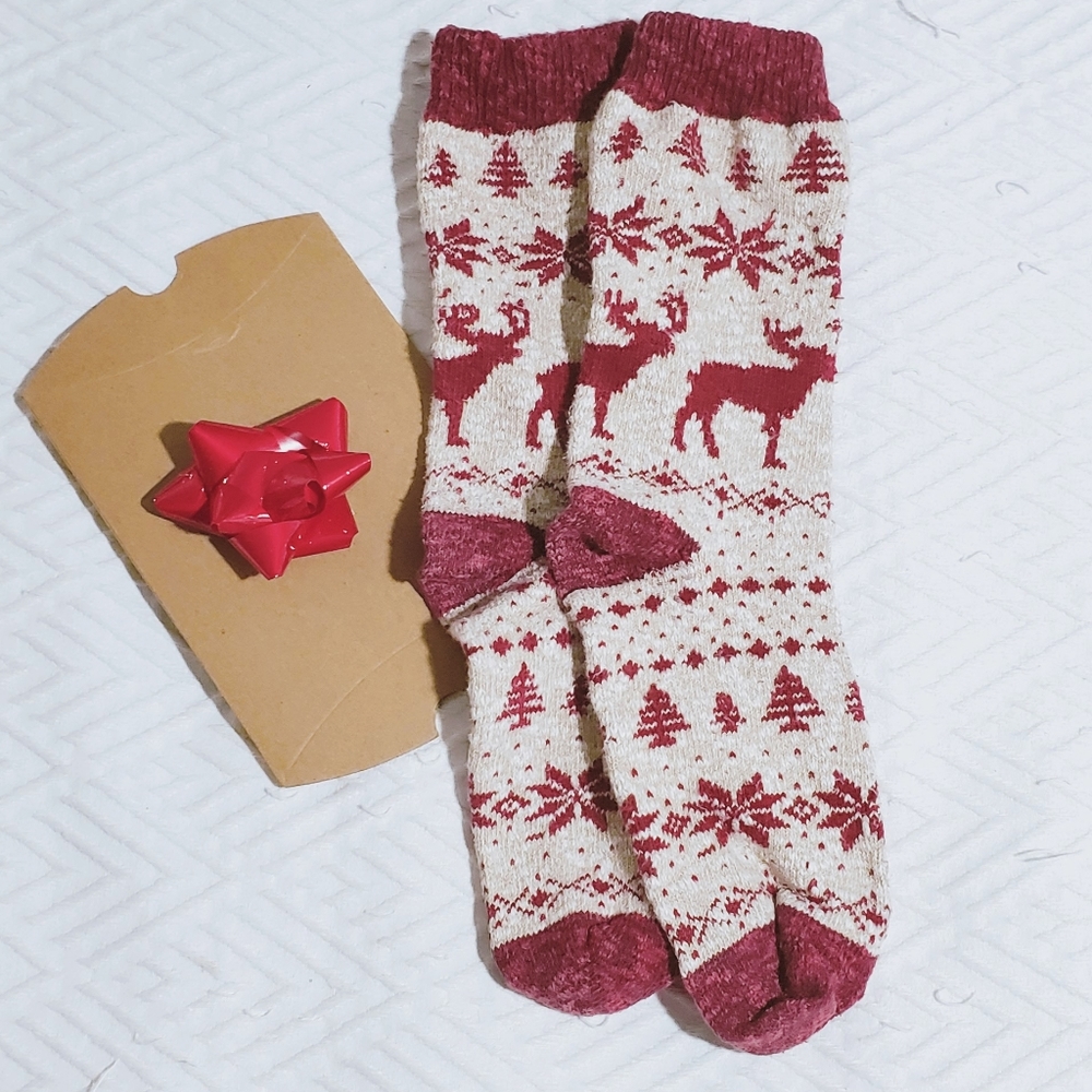 Reindeer Snowflake Festive print Holiday thick knit socks- Unisex